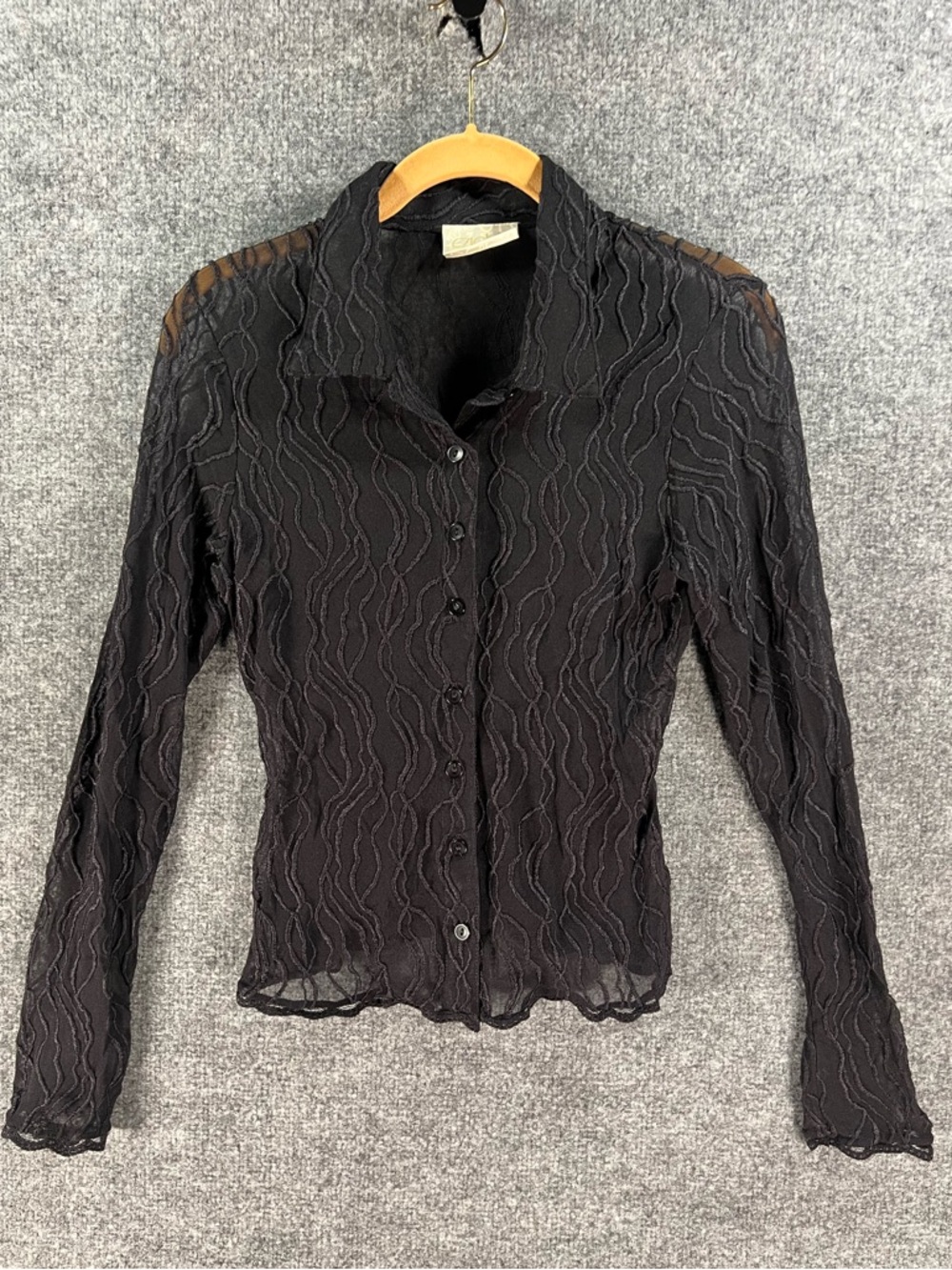 Vintage Cache Y2K Black Sheer Mesh Squiggle Button Up Top Shirt Size S